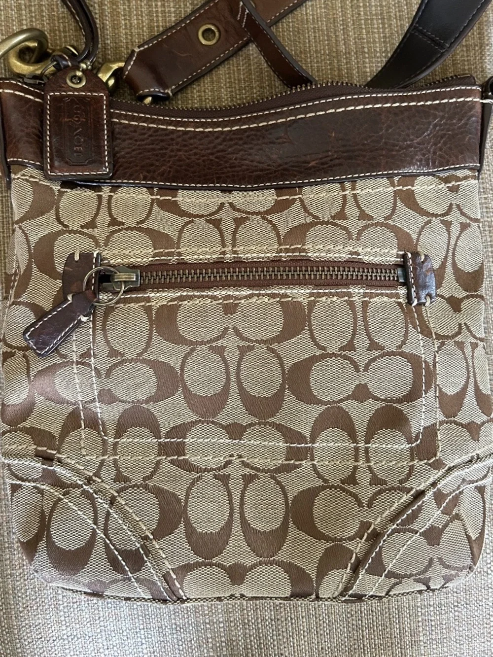 Coach Signature Tan and Brown Canvas Y2K Crossbody Bag With Leather Trim